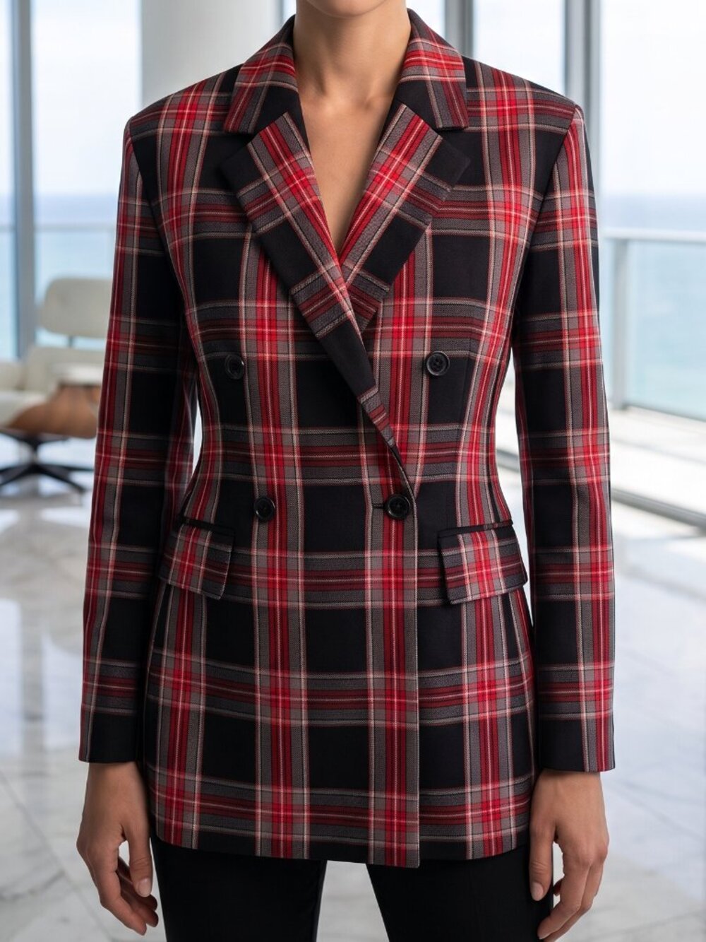NEW $218 Ann Taylor Double Breasted Relaxed Tailored Blazer Red Black Plaid 12